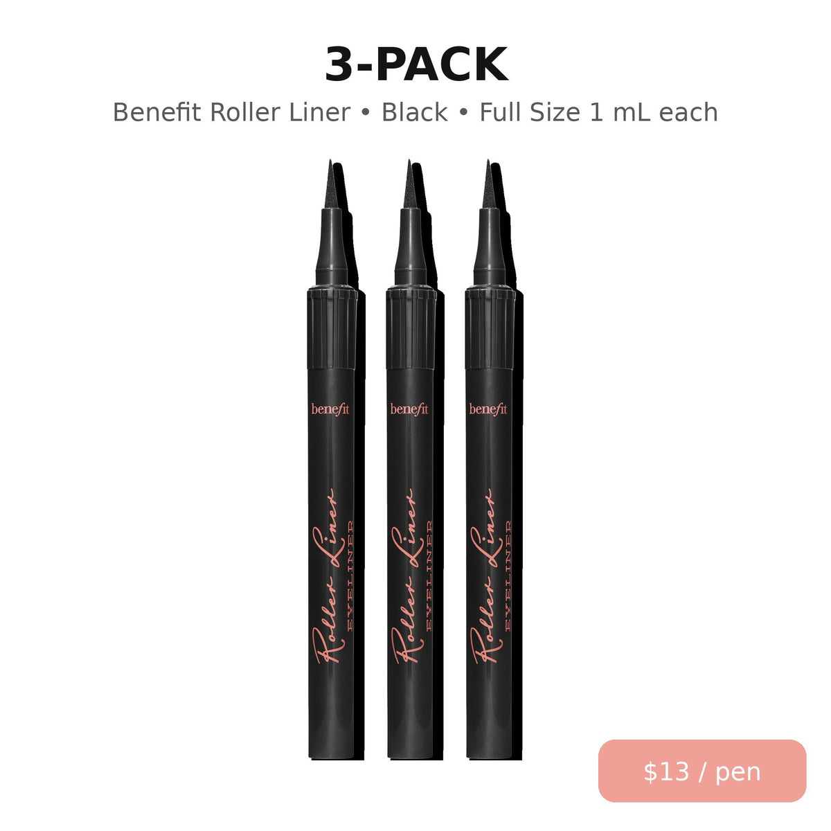 Benefit Roller Liner waterproof liquid eyeliner black 3-pack, full size 1 mL each