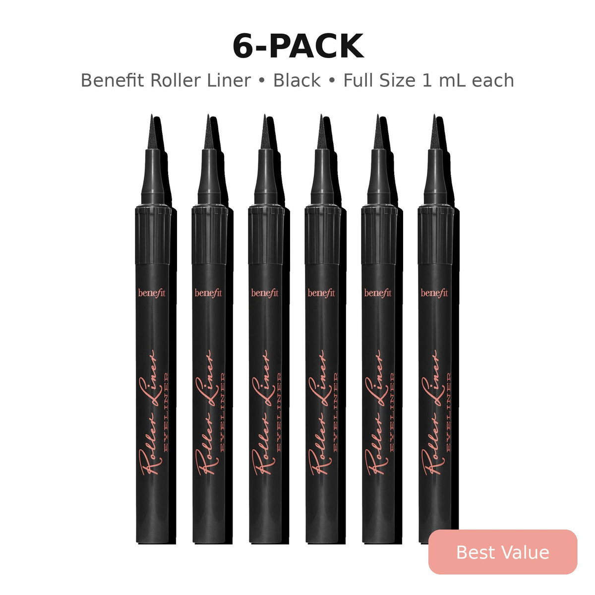 Benefit Roller Liner waterproof liquid eyeliner black 6-pack value bundle, full size 1 mL each