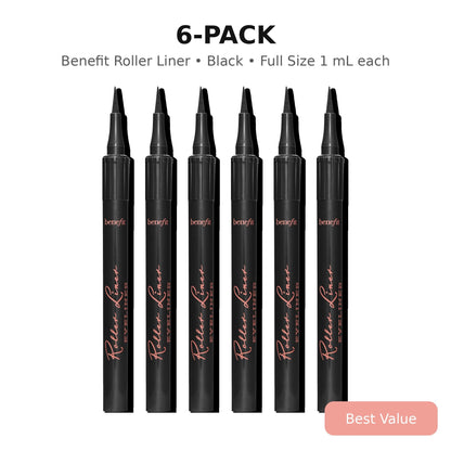 Benefit Roller Liner waterproof liquid eyeliner black 6-pack value bundle, full size 1 mL each