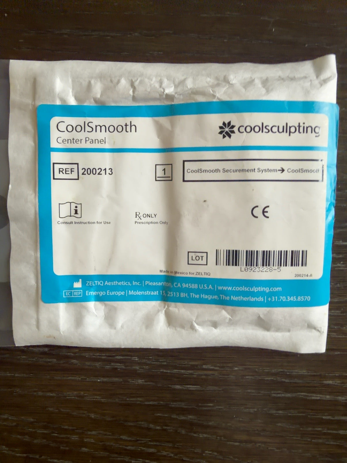 CoolSculpting CoolSmooth Center Panel original package showing REF 200213 and prescription-only labeling