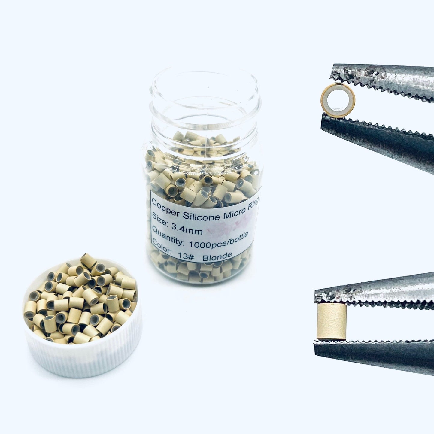 Copper silicone micro rings 3.4 mm, colour 13 blonde, 1000 pieces per bottle, bottle label and close up of ring