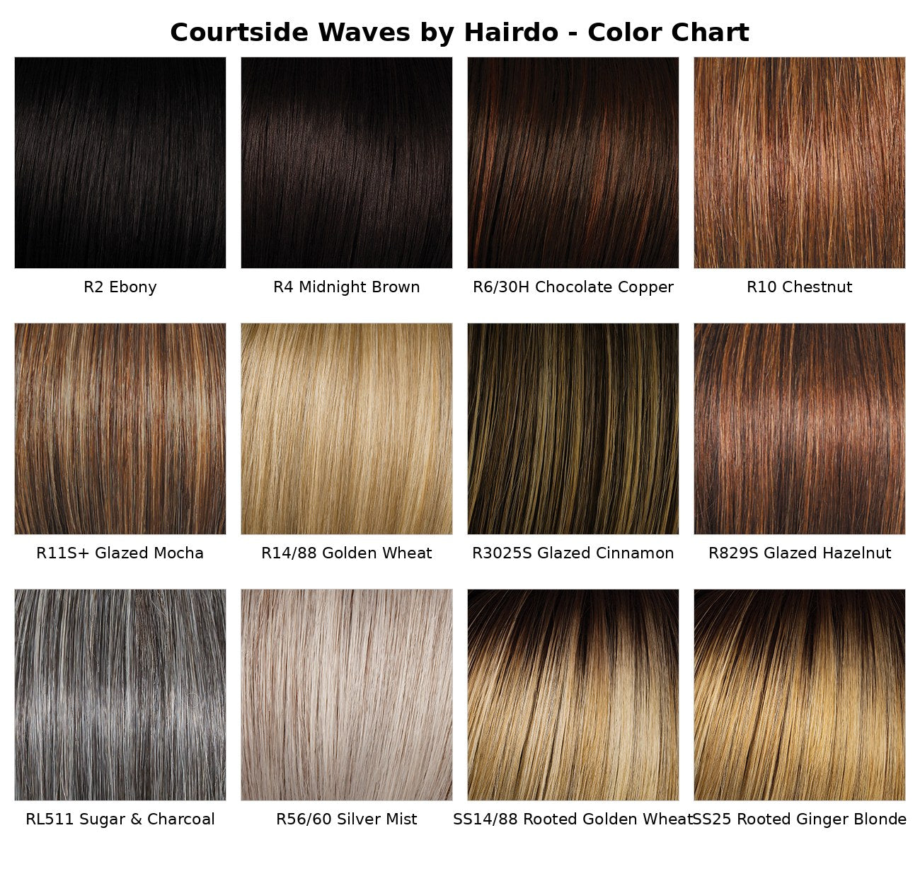 Hairdo Courtside Waves Wig - color chart of available Tru2Life shades