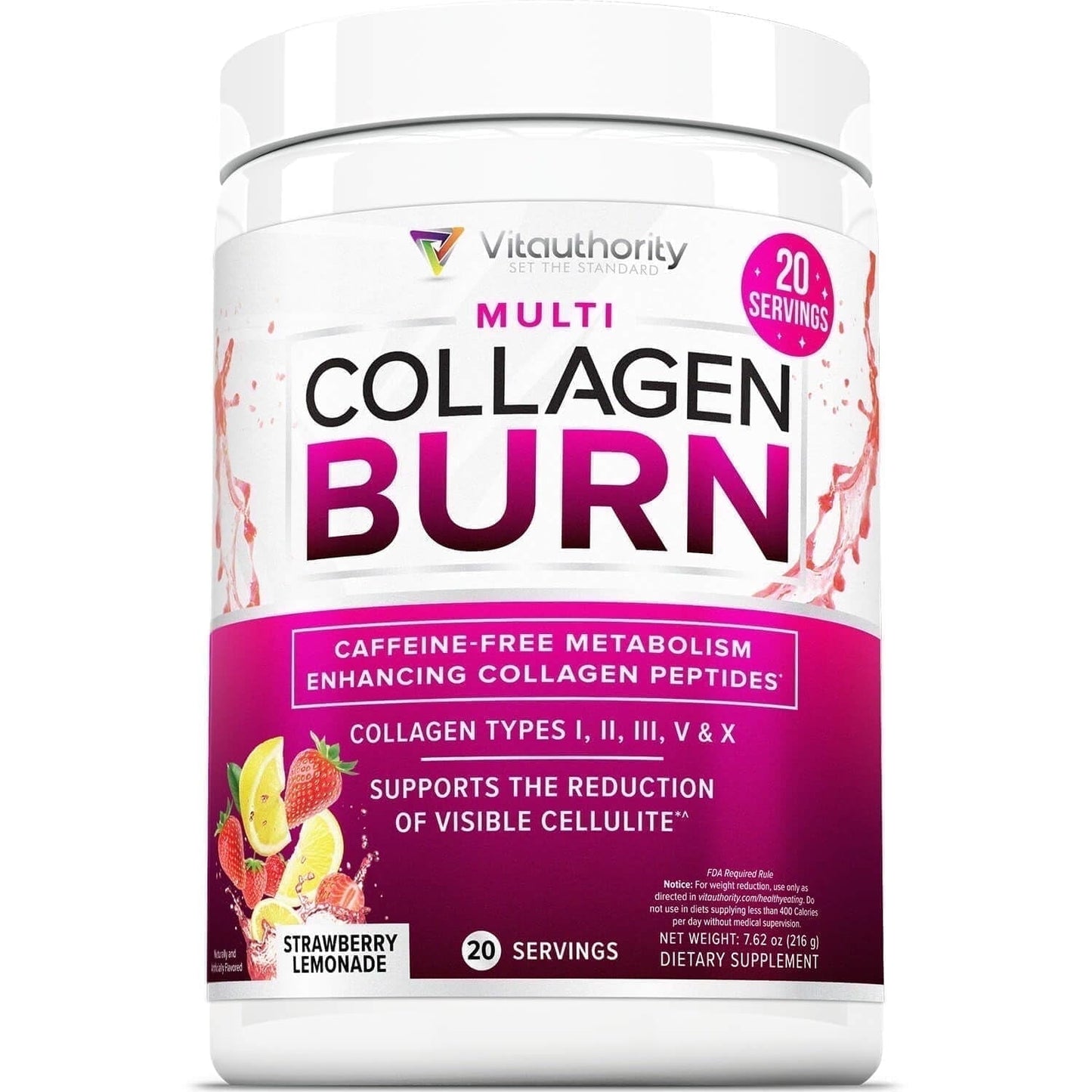 Vitauthority Multi Collagen Burn powder, Strawberry Lemonade, 7.62 oz tub, 20 servings