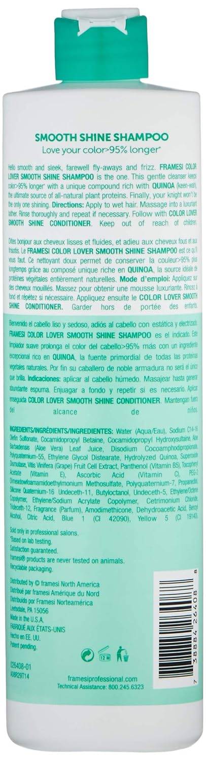 Framesi Color Lover Smooth Shine Shampoo, Sulfate Free Shampoo with Quinoa and Aloe Vera, Color Treated Hair 33.8 Oz - VIP Extensions