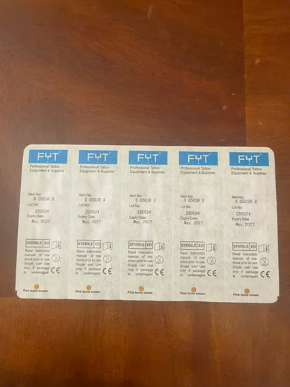 FYT sterile EO cartridge blister labels showing lot 220524 and May 2027 expiration