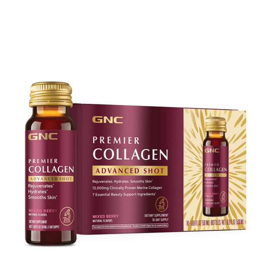 GNC Premier Collagen Advanced Shot Mixed Berry 10-count box and bottle