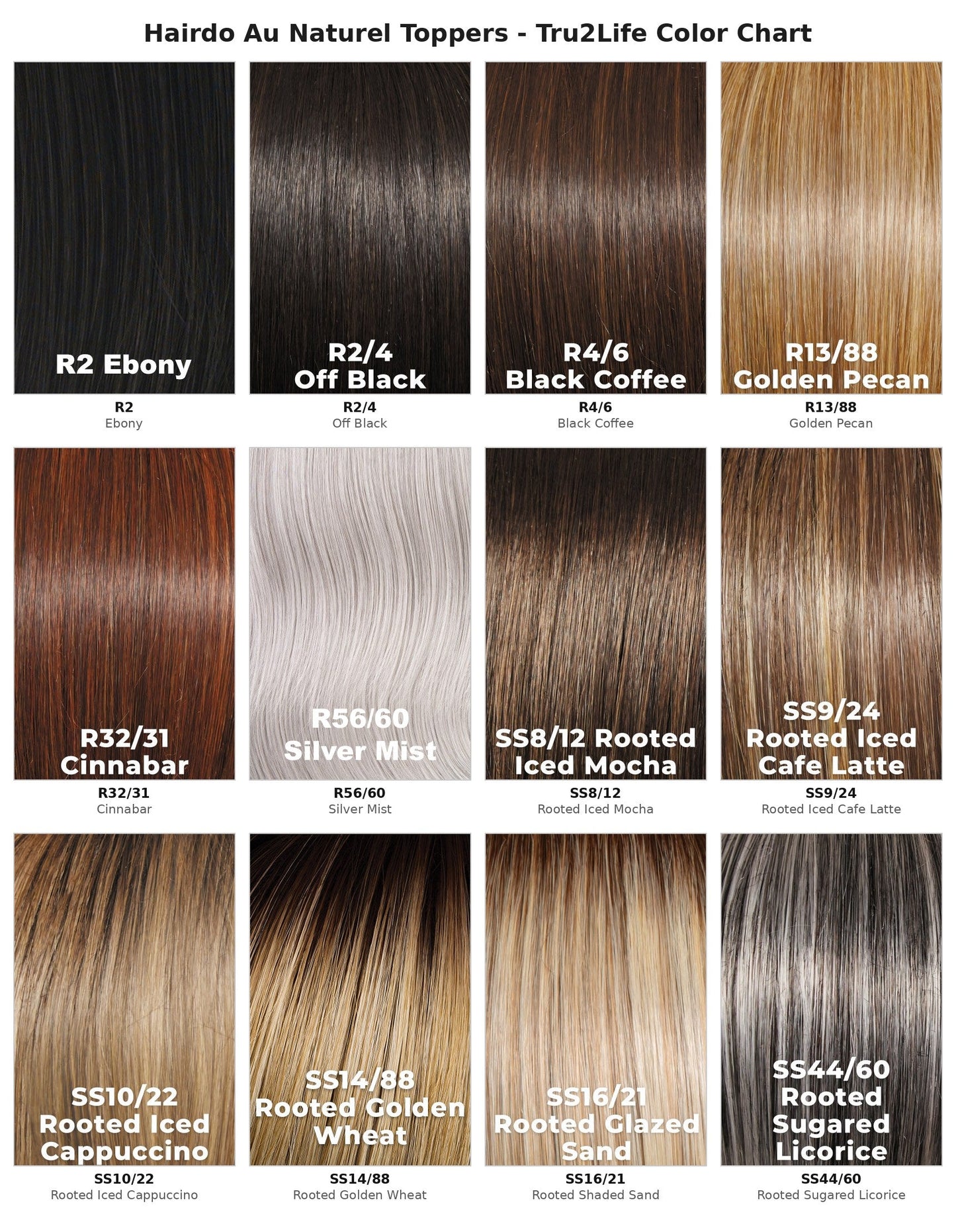 Hairdo Au Naturel Topper Tru2Life color chart - 12 shades
