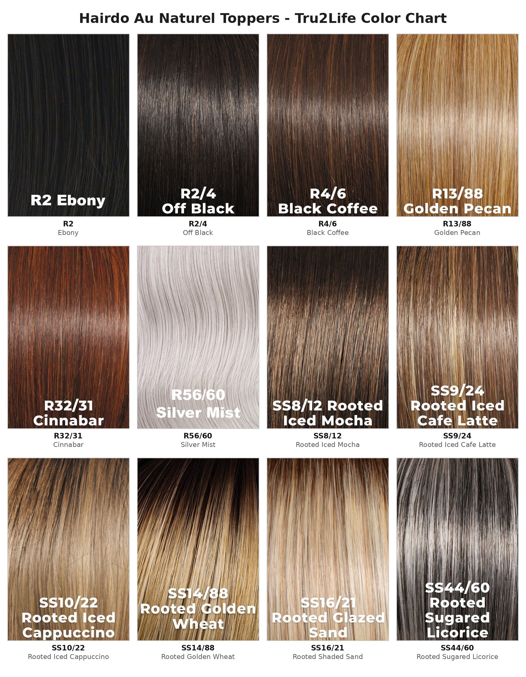 Hairdo Au Naturel Topper Tru2Life color chart - 12 shades