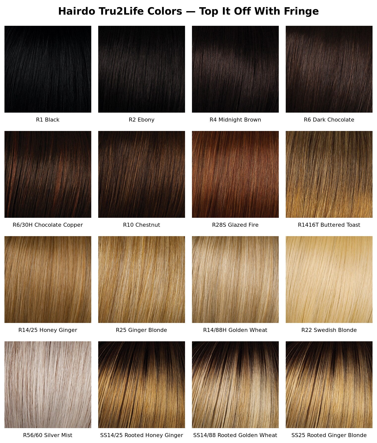 Hairdo Tru2Life color chart for Top It Off With Fringe - 16 shades