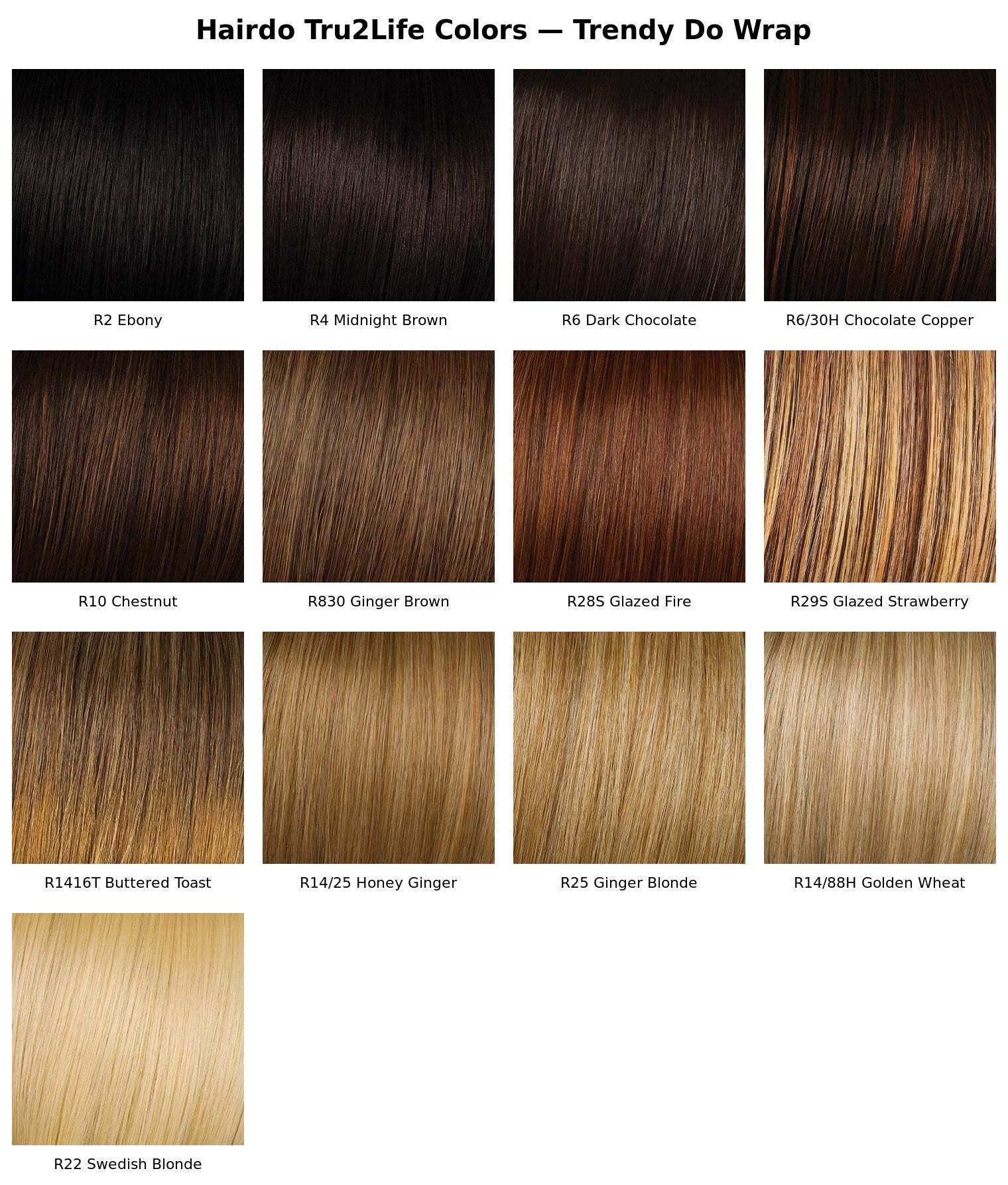 Hairdo Tru2Life color chart for Trendy Do Wrap - 13 shades