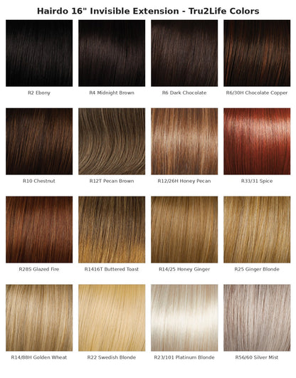Hairdo 16 inch Invisible Extension Tru2Life color chart with 16 swatches