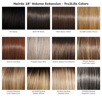 Hairdo 18 inch Volume Extension Tru2Life color chart with 12 swatches