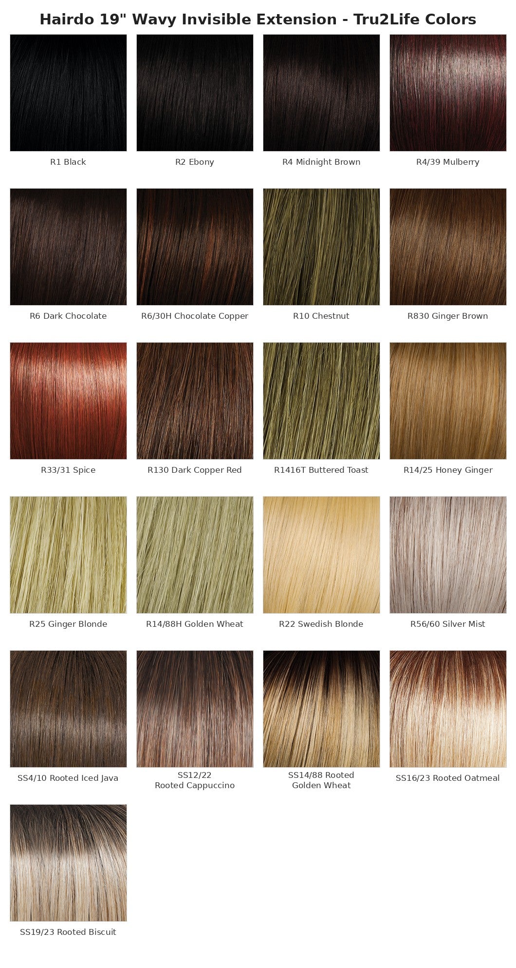 Hairdo 19 inch Wavy Invisible Extension Tru2Life color chart with 21 swatches