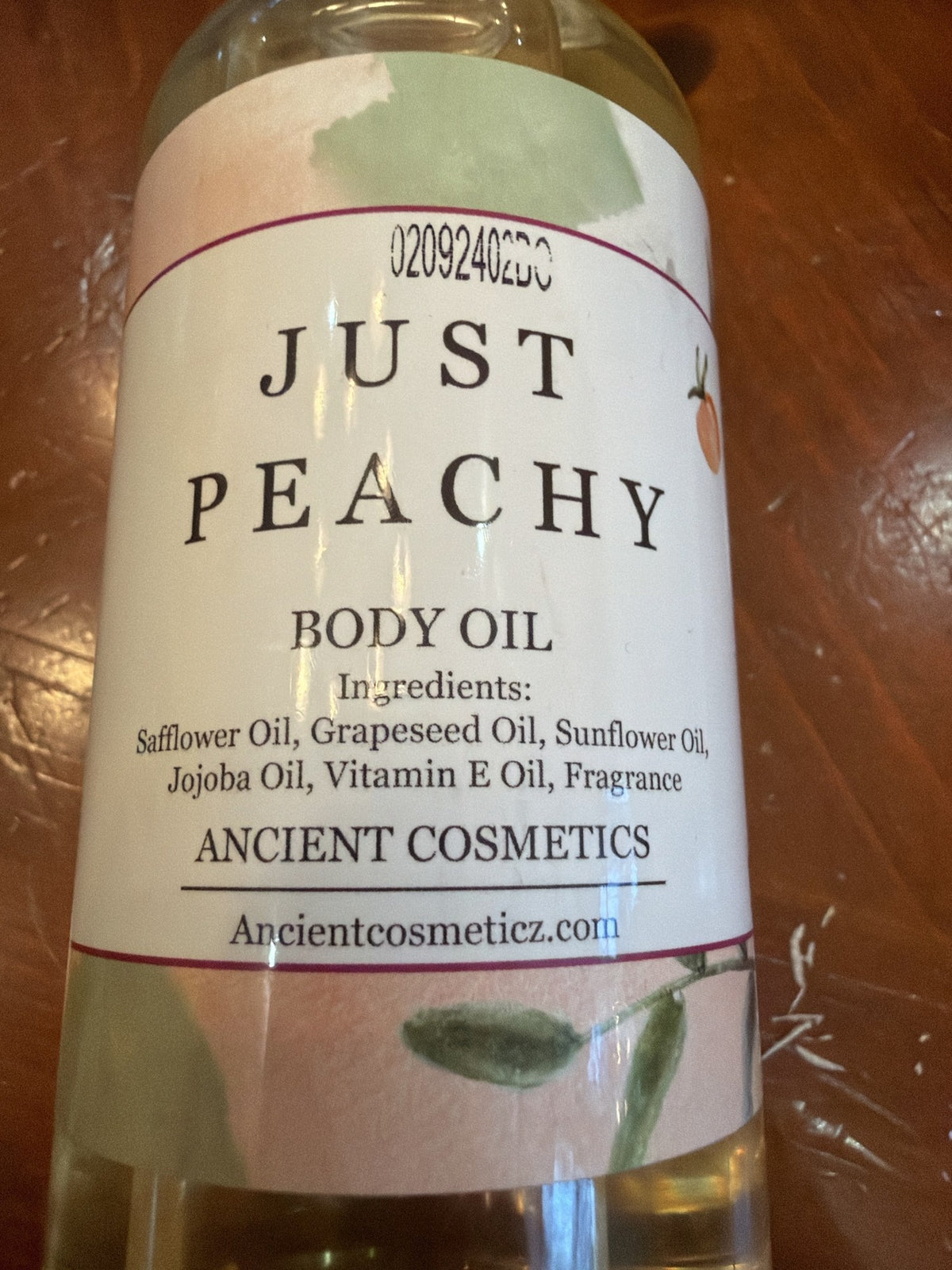 Just Peachy Body Oil label close-up