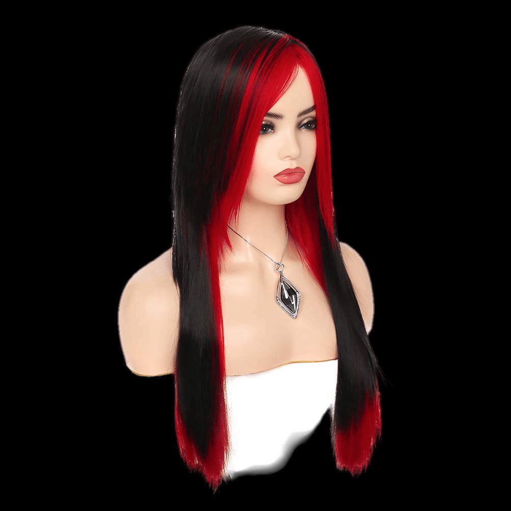 Long Red Black Wig Silky Straight Synthetic Heat Resistant Side Bangs - VIP Extensions
