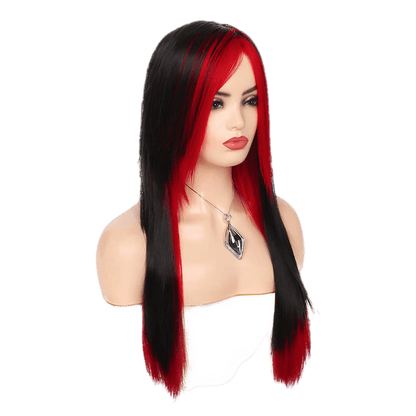 Long Red Black Wig Silky Straight Synthetic Heat Resistant Side Bangs - VIP Extensions