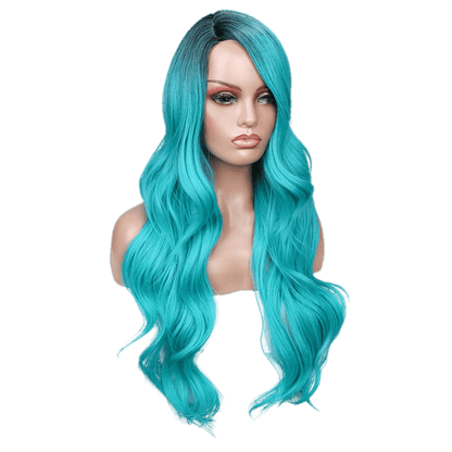 Long Wavy Side Part Wig Ombre Bluish Green color Heat Resistant - VIP Extensions