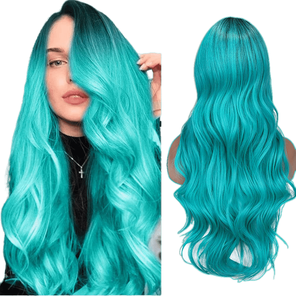 Long Wavy Side Part Wig Ombre Bluish Green color Heat Resistant - VIP Extensions