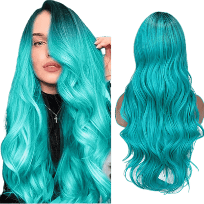 Long Wavy Side Part Wig Ombre Bluish Green color Heat Resistant - VIP Extensions