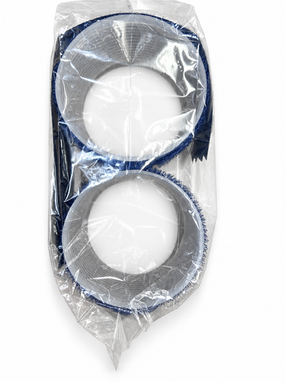 Two Luxor jumbo blue hair rollers showing hollow centers on white background