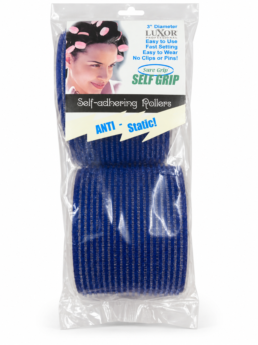 Luxor 3-inch blue self-grip rollers 2-pack front on white background