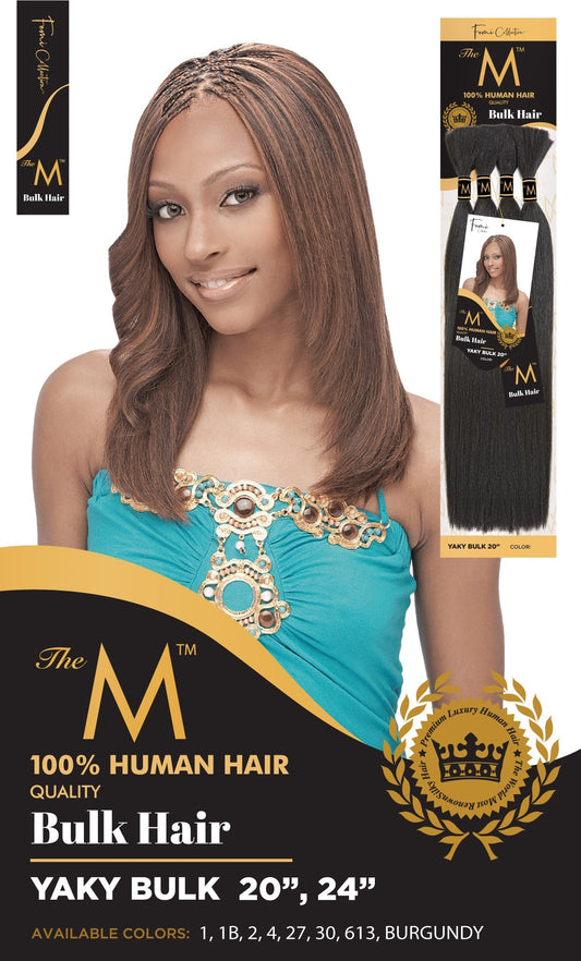 Femi Collection The M 100% Human Hair Yaky Bulk 20" and 24" - official brand pack shot listing available colours 1, 1B, 2, 4, 27, 30, 613 and Burgundy