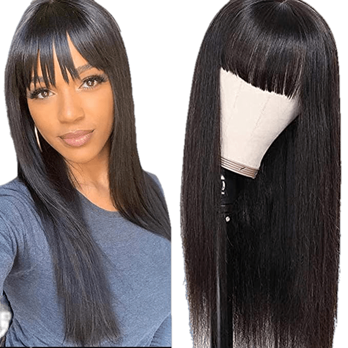 Victoria Spotlight Straight Human Hair Wig with Bangs, Natural Black, 20 in