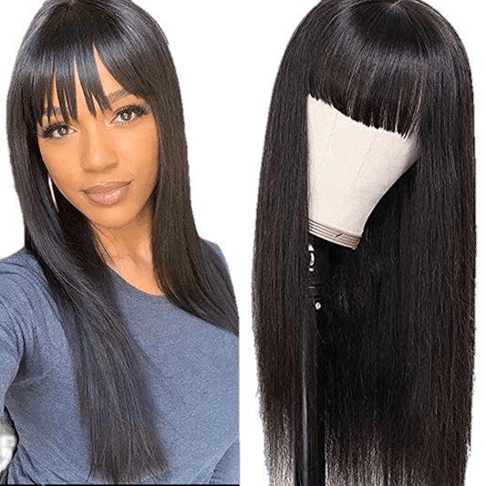 Victoria Spotlight Straight Human Hair Wig with Bangs, Natural Black, 20 in