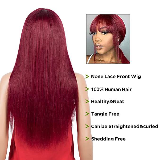 Victoria Spotlight Straight Human Hair Wig with Bangs, Burgundy, 28 in