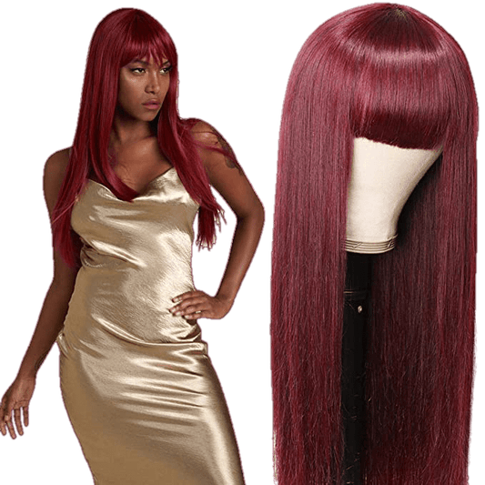 Victoria Spotlight Straight Human Hair Wig with Bangs, Burgundy, 28 in
