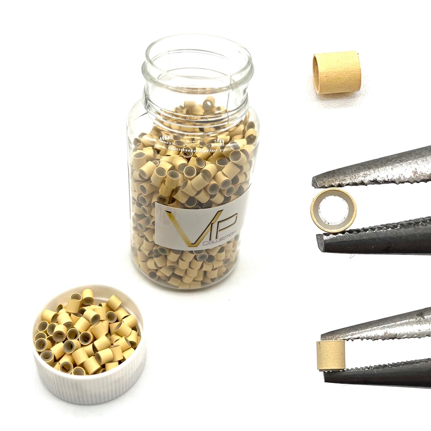 VIP Extensions silicone lined copper tube micro rings, colour 13 blonde, 1000 pieces per bottle, shown with pliers