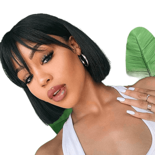 Human Hair Short Bob Wig with Bangs, 16 in