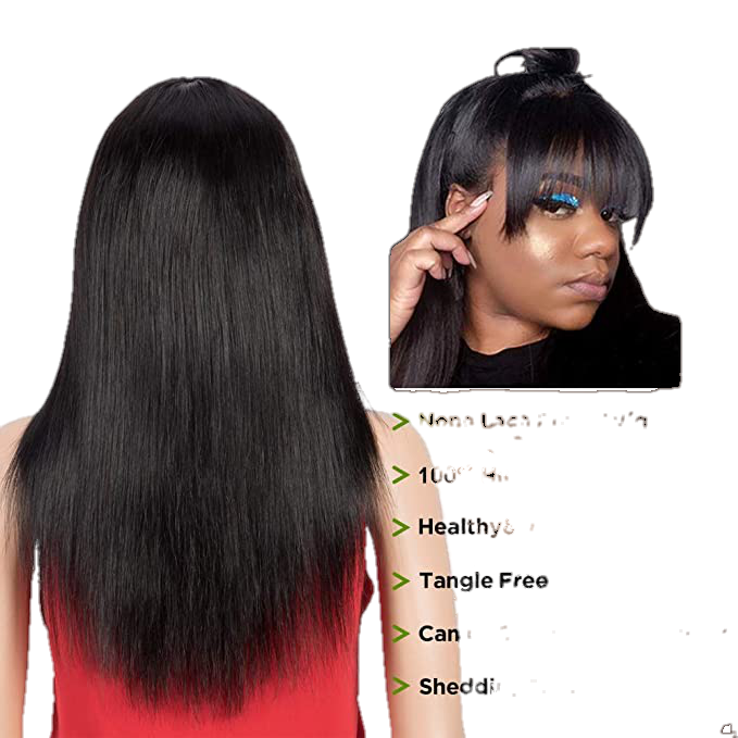 Victoria Spotlight Straight Human Hair Wig with Bangs, Natural Black, 20 in