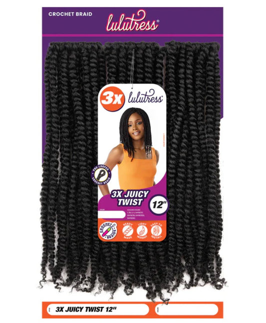 Sensationnel Lulutress 3X Juicy Twist Crochet Braiding Hair, 1B Off Black, 12 in