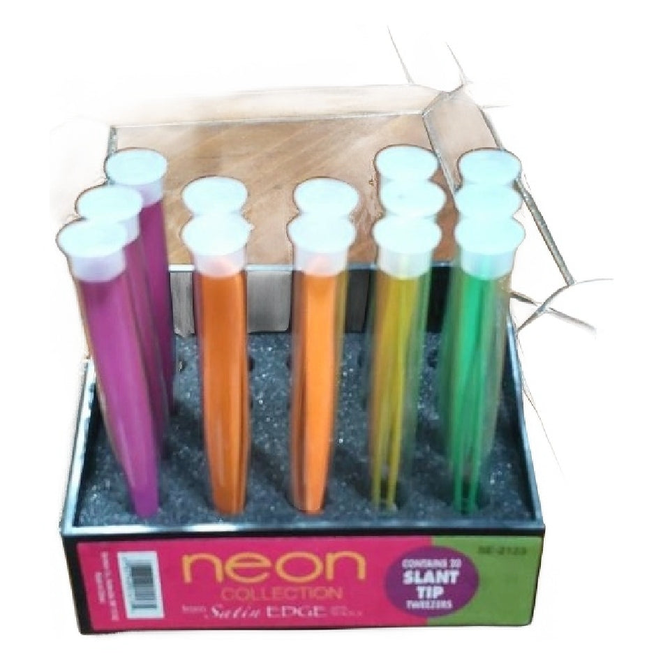 Satin Edge Neon Collection Slant Tip Tweezers - 20 Pc Display