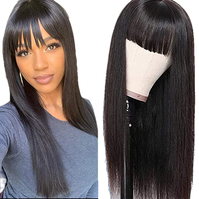 Victoria Spotlight Straight Human Hair Wig with Bangs, Natural Black, 20 in