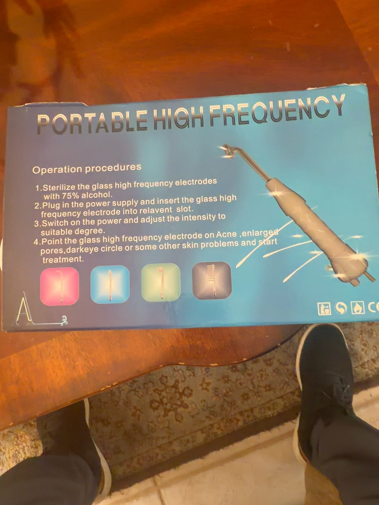 Portable High Frequency facial wand retail box with operating instructions