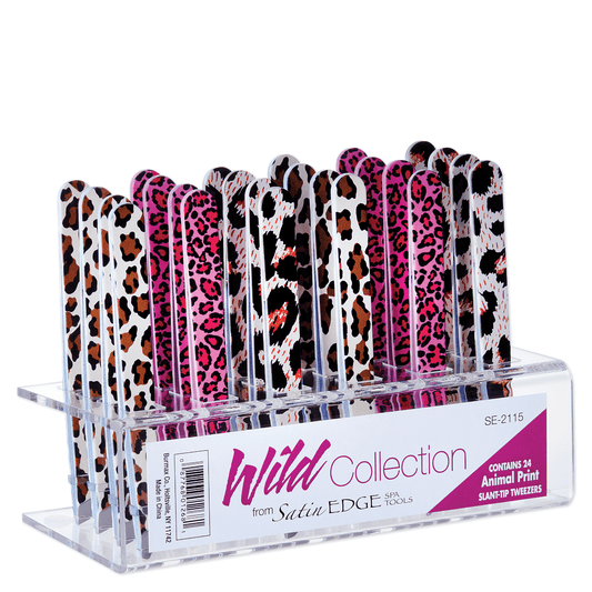 Satin Edge Animal Print Slant Tip Tweezers - 24 Pc Display - VIP Extensions