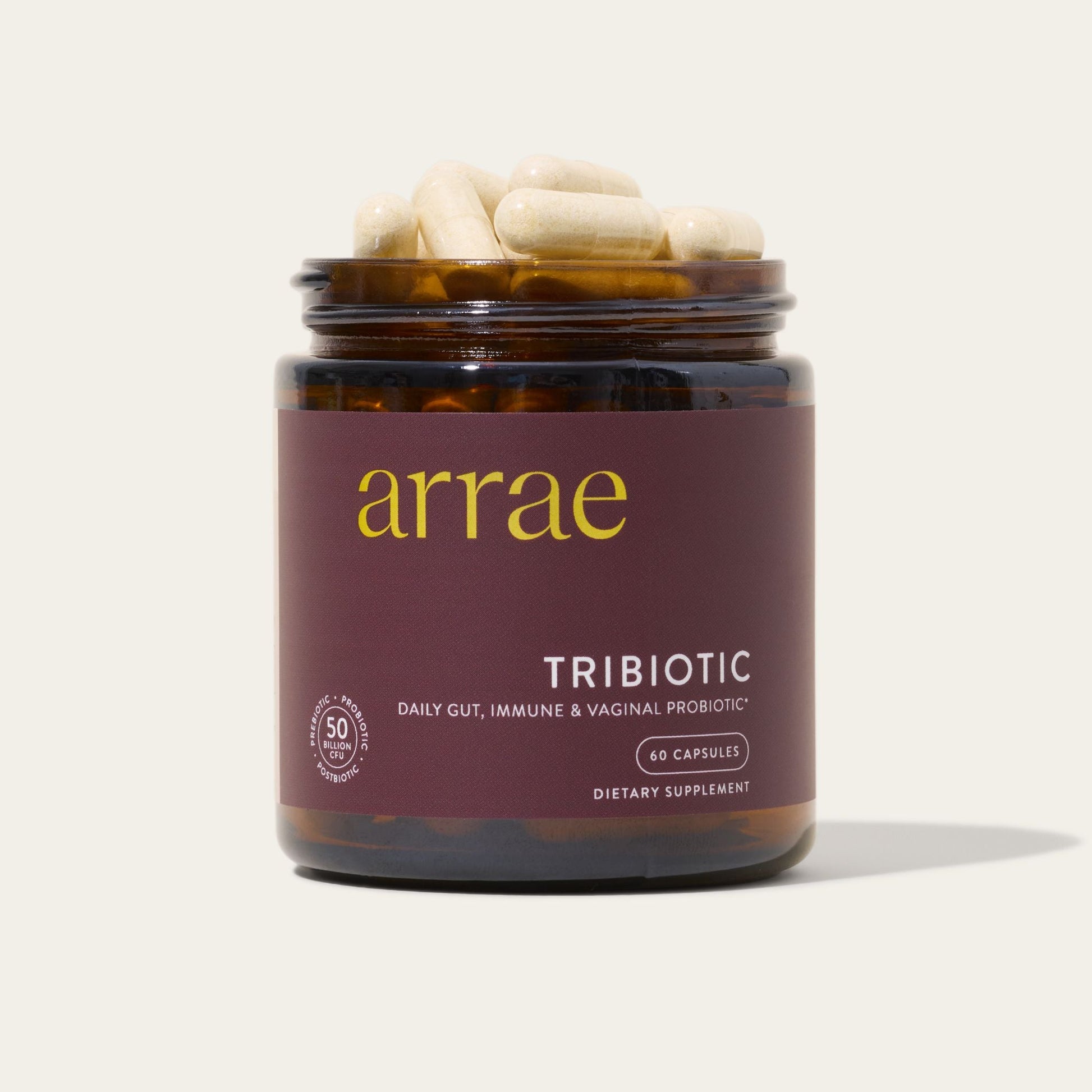 Arrae Tribiotic gut, skin and vaginal support probiotic, 60 capsule jar