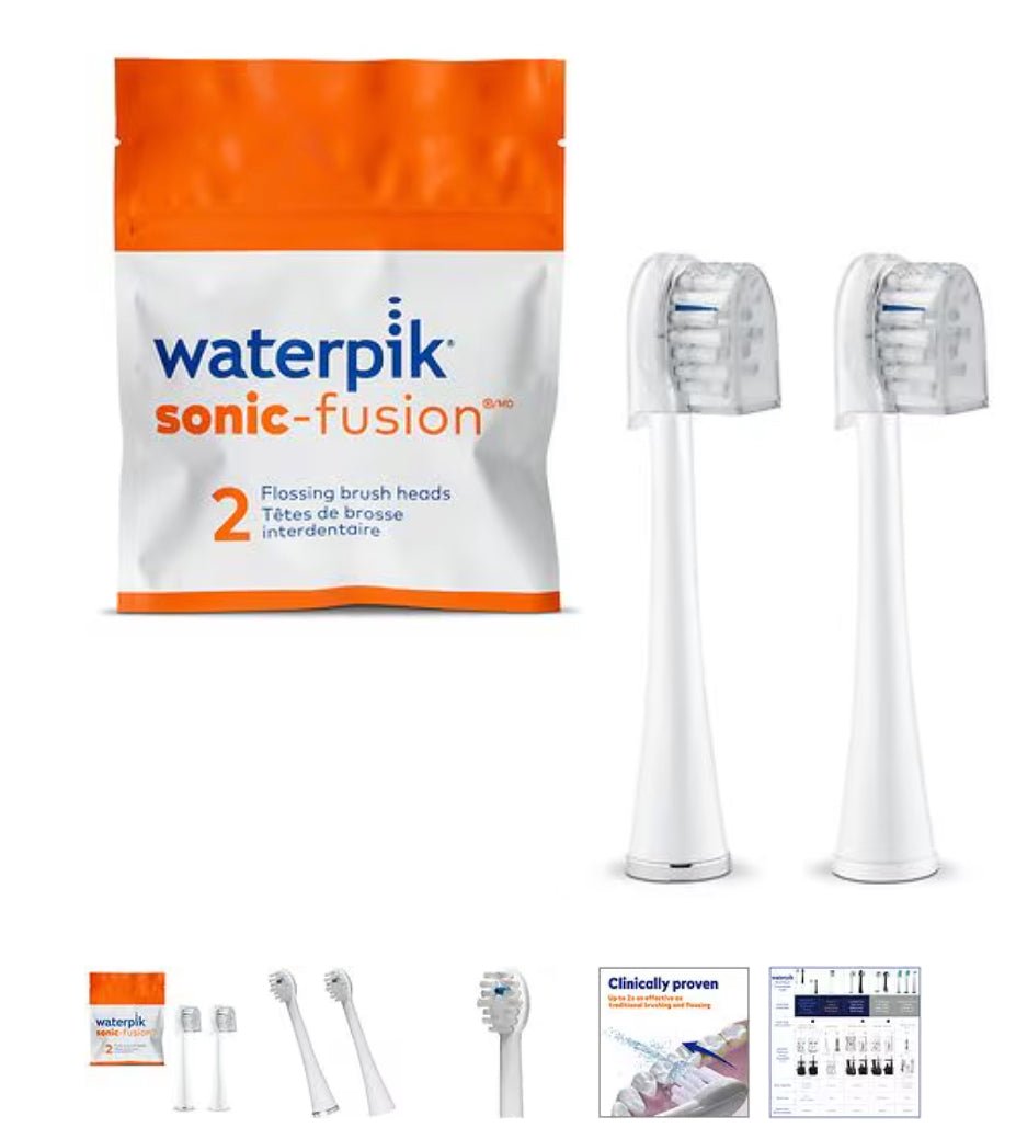Waterpik Genuine Full Size Replacement Brush Heads with Covers for Sonic - Fusion Flossing Toothbrush SFFB - 2EW C51 - VIP Extensions