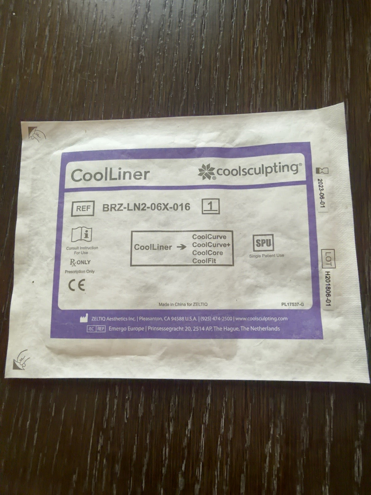 Zeltiq CoolSculpting CoolLiner package REF BRZ-LN2-06X-016, expiration June 1 2023