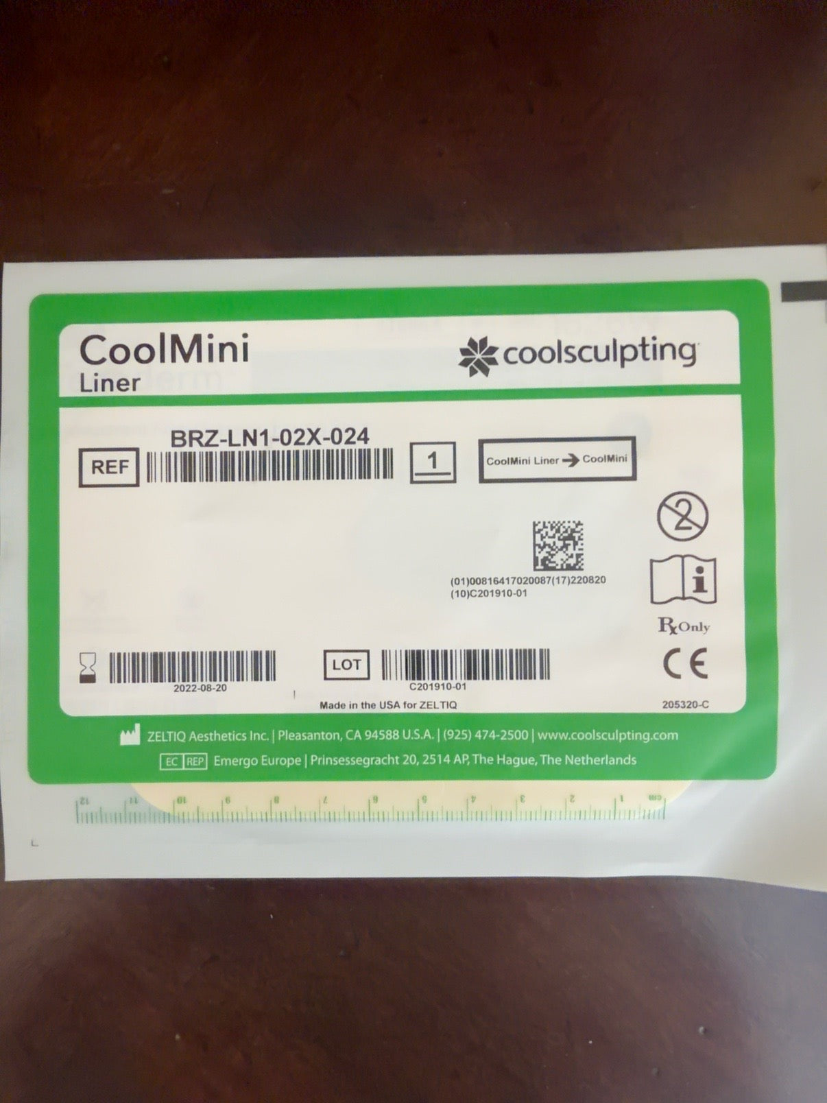 Zeltiq CoolSculpting CoolMini Liner package, REF BRZ-LN1-02X-024, expired August 20 2022