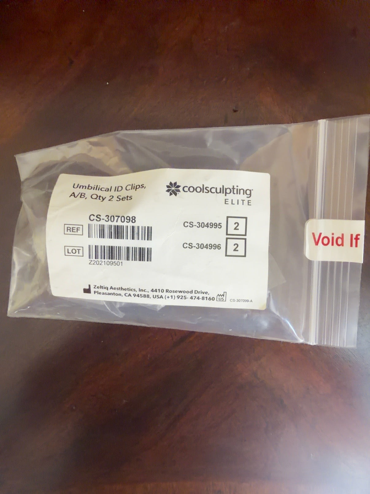 Zeltiq CoolSculpting Elite Umbilical ID Clips A/B kit label, REF CS-307098