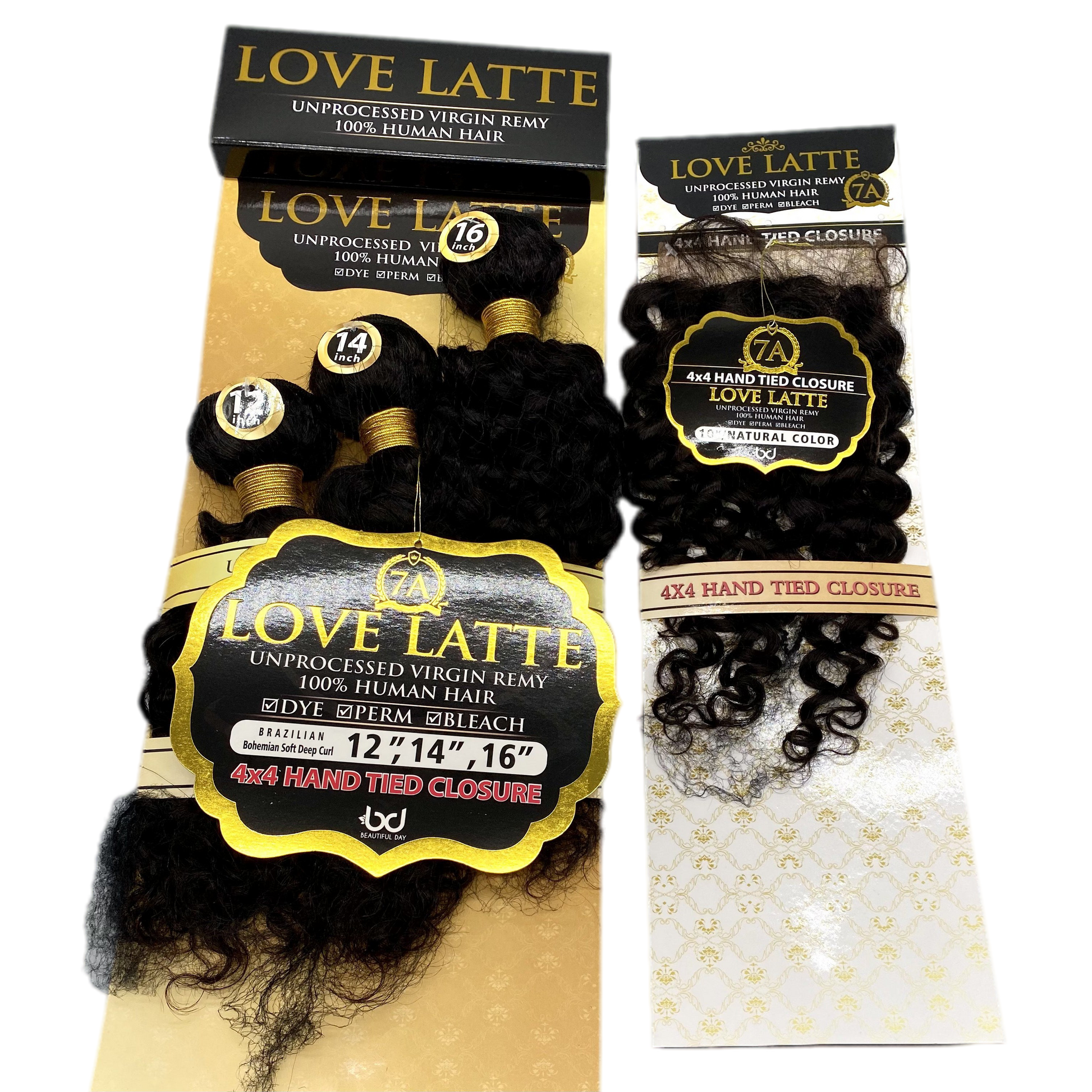Love Latte 7A Brazilian Bundle Multi Pack w/Closure - Bohemian soft deep curl - VIP Extensions